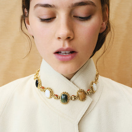 Collier Amarante multi doré - Vesonite, Basalte noir & Bois