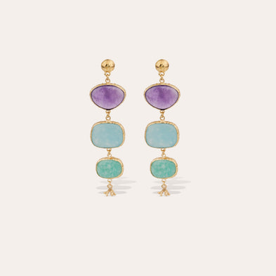 Boucles d'oreilles Silène dorées - Améthyste, Amazonite & Quartz Bleu