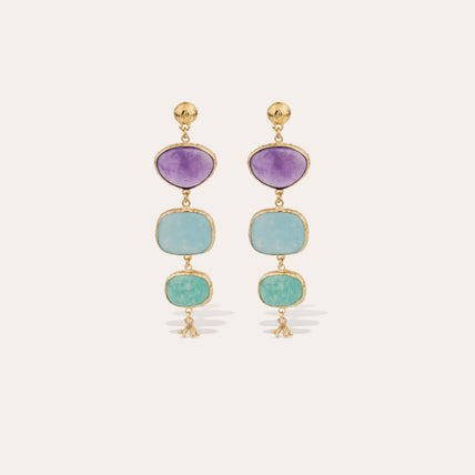 Boucles d'oreilles Silène dorées - Améthyste, Amazonite & Quartz Bleu