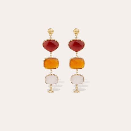 Boucles d'oreilles Silène dorées - Calcite rouge, Calcite orange & Quartz rose