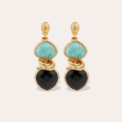 Boucles d'oreilles Sirena dorées - Turquoise & Onyx noir