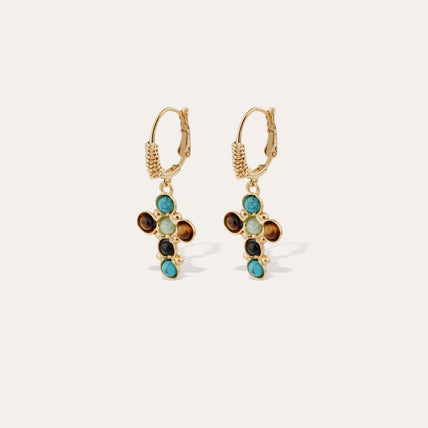 Boucles d'oreilles Tao Cruzita dorées - Turquoise & OEil de Tigre