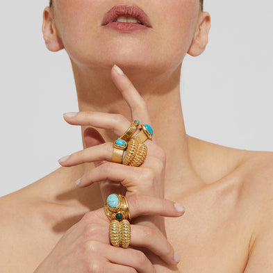 Bague Totem Ovo grand modèle dorée - Turquoise
