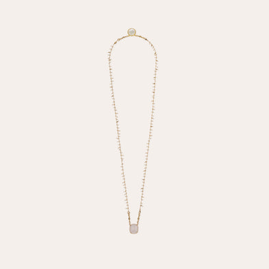 Collier Scapulaire serti doré - Nacre blanche & Quartz rose