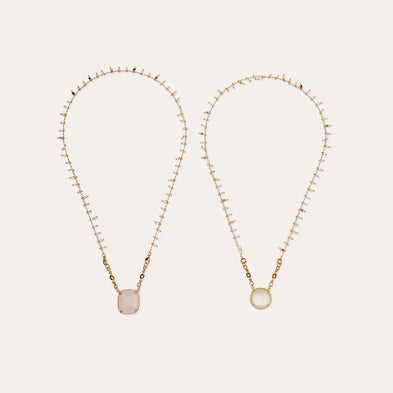 Collier Scapulaire serti doré - Nacre blanche & Quartz rose