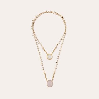 Collier Scapulaire serti doré - Nacre blanche & Quartz rose
