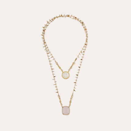 Collier Scapulaire serti doré - Nacre blanche & Quartz rose
