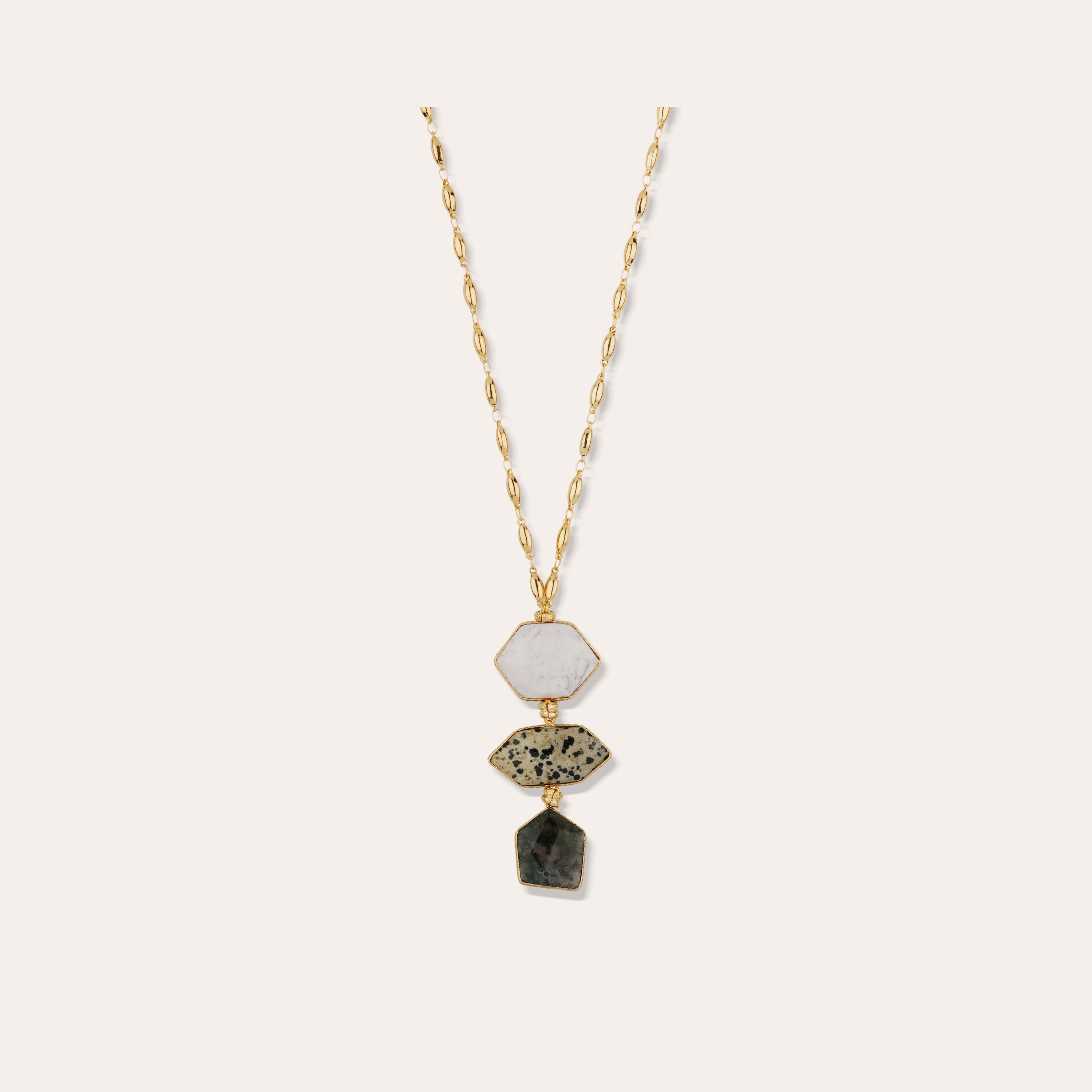 Silenza Gold Long Necklace - White Opal, Dalmatian Jasper & Green