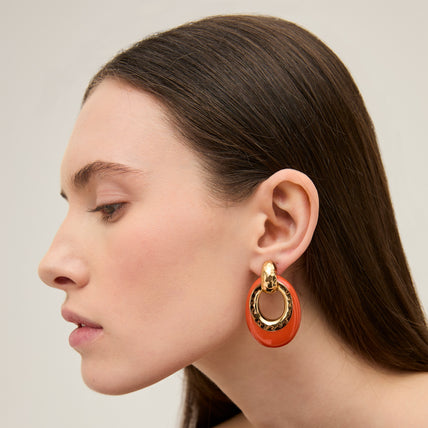 Pendientes Selva « small size » de acetato dorado - Corail