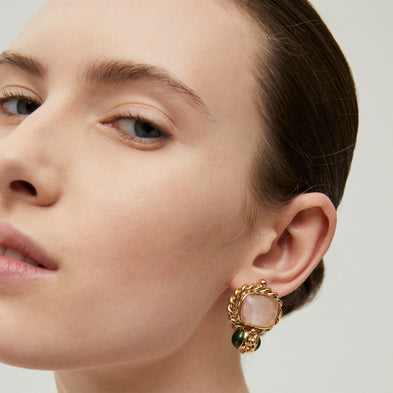 Amarante gold cabochon earrings - Rose Quartz