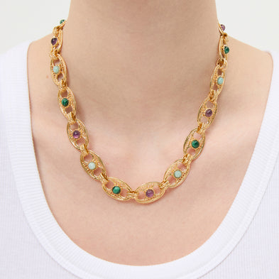 Collier Carthage doré - Malachite, Améthyste & Amazonite