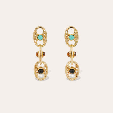 Boucle d'oreilles Carthage - Turquoise, Oeil de tigre & Onyx noir