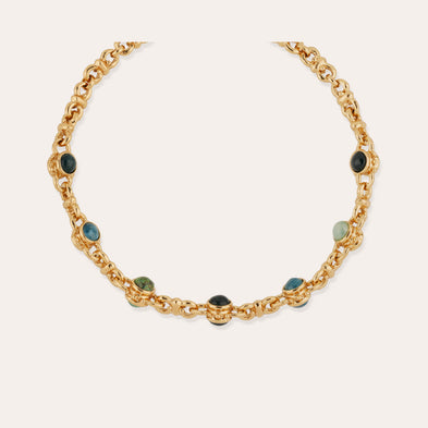 Collar « Amarante » con cabujones variados: apatita azul, jaspe verde y vesonita
