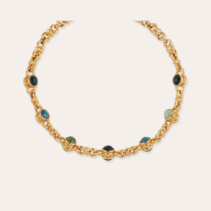Collar « Amarante » con cabujones variados: apatita azul, jaspe verde y vesonita