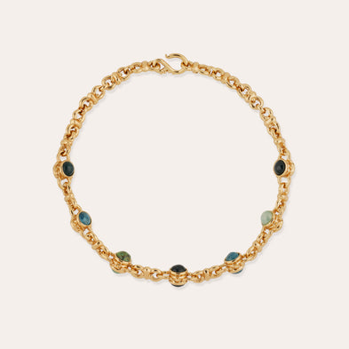Collar « Amarante » con cabujones variados: apatita azul, jaspe verde y vesonita