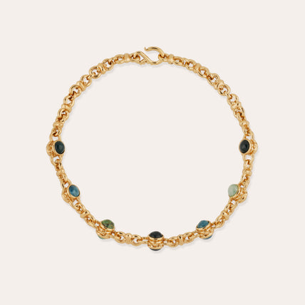 Collar « Amarante » con cabujones variados: apatita azul, jaspe verde y vesonita