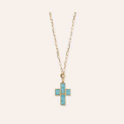 Gold-Set Cross Long Necklace Gold - Turquoise