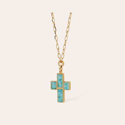 Gold-Set Cross Long Necklace Gold - Turquoise