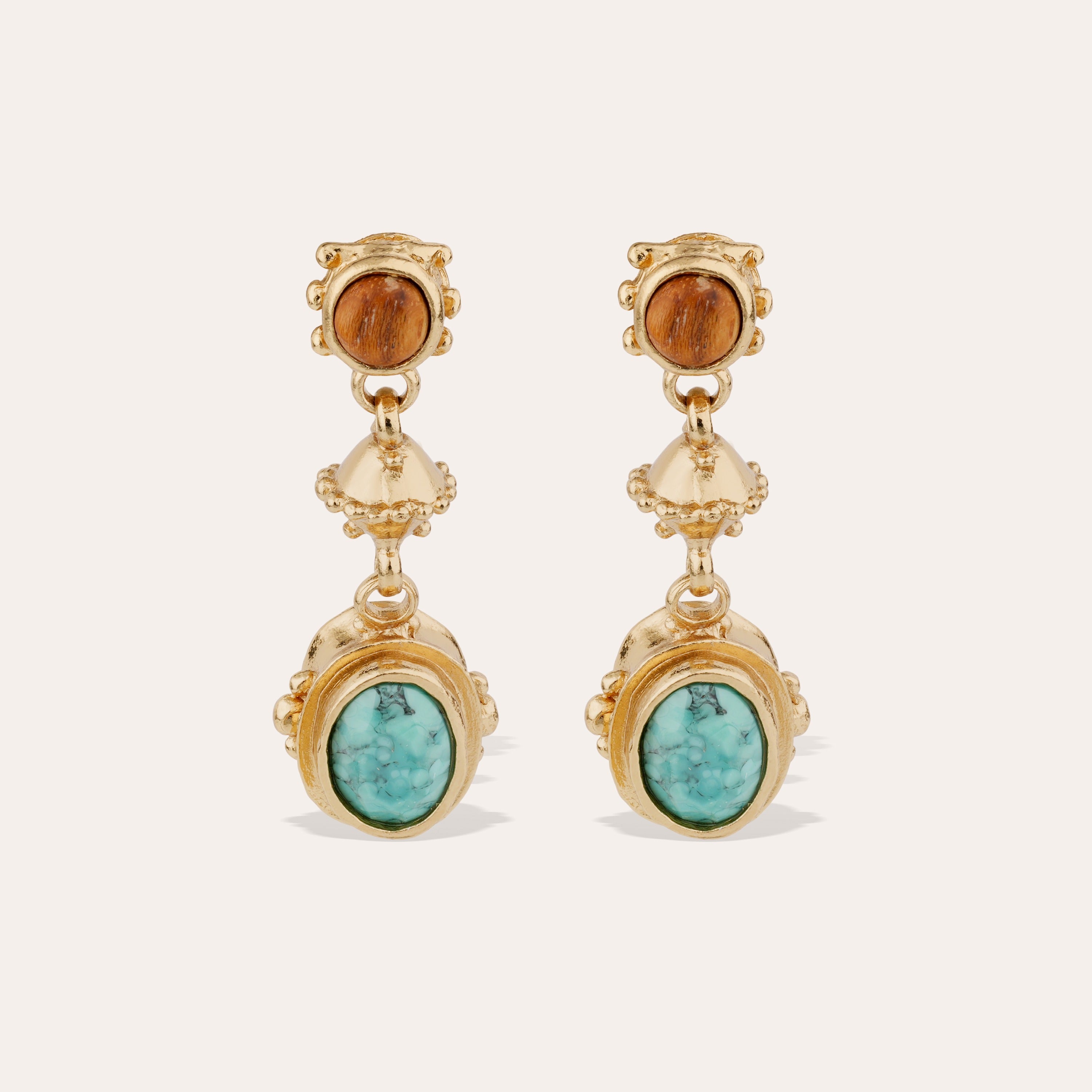 Boucles d'oreilles Amarante trois rangs dorées - Turquoise & Bois