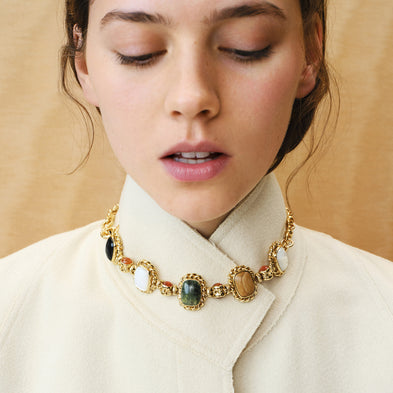Collier Amarante multi doré - Vesonite, Basalte noir & Bois