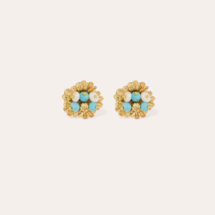 Boucles d'oreilles puces Azalée dorées - Turquoise & Nacre blanche