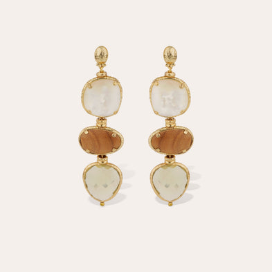 Boucles d'oreilles Silène grand modèle dorées - Nacre Blanche, Bois & Quartz fumé