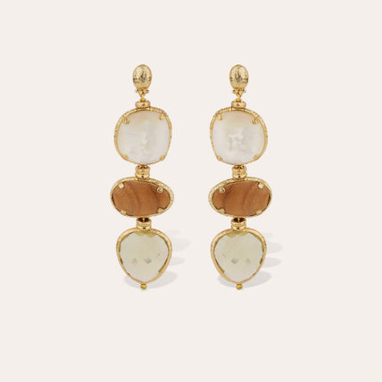 Boucles d'oreilles Silène grand modèle dorées - Nacre Blanche, Bois & Quartz fumé