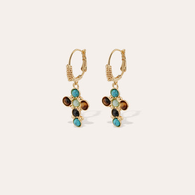 Boucles d'oreilles Tao Cruzita dorées - Turquoise & OEil de Tigre