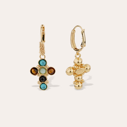 Boucles d'oreilles Tao Cruzita dorées - Turquoise & OEil de Tigre