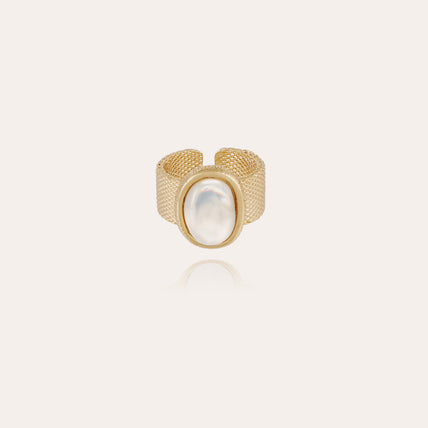 Bague Totem Ovo grand modèle dorée - Nacre blanche