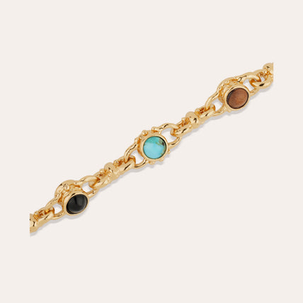 Collier Amarante cabochons multi doré - Turquoise, Basalte noire & Bois