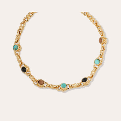 Collier Amarante cabochons multi doré - Turquoise, Basalte noire & Bois