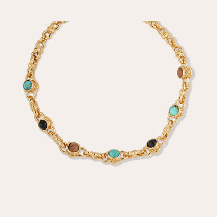 Collier Amarante cabochons multi doré - Turquoise, Basalte noire & Bois