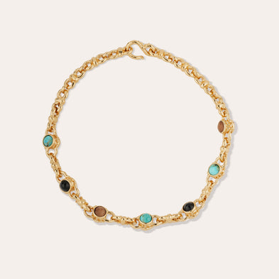 Collier Amarante cabochons multi doré - Turquoise, Basalte noire & Bois