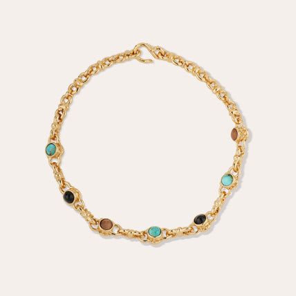 Collier Amarante cabochons multi doré - Turquoise, Basalte noire & Bois