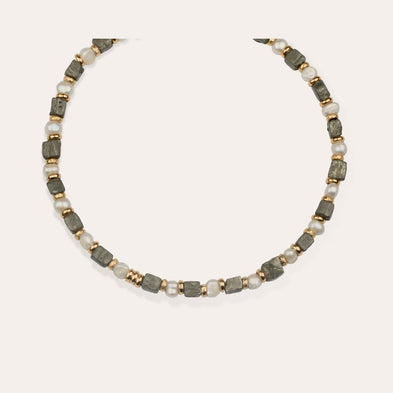 Collier Jamie doré - Nacre blanche & Pyrite