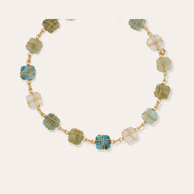 Collier Rainbow Square Multi petit modèle doré - Turquoise, Vesonite, Amazonite & Cristal
