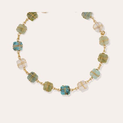 Collier Rainbow Square Multi petit modèle doré - Turquoise, Vesonite, Amazonite & Cristal