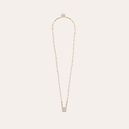 Collier Scapulaire serti doré - Nacre blanche & Quartz rose