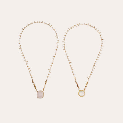 Collier Scapulaire serti doré - Nacre blanche & Quartz rose