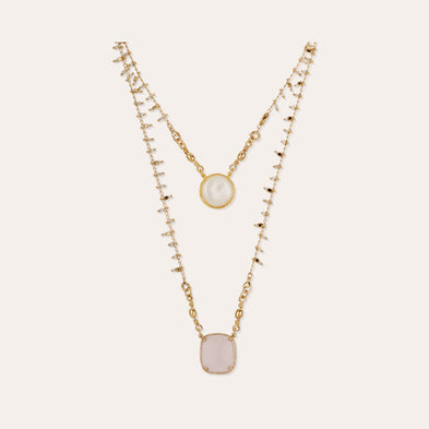 Collier Scapulaire serti doré - Nacre blanche & Quartz rose