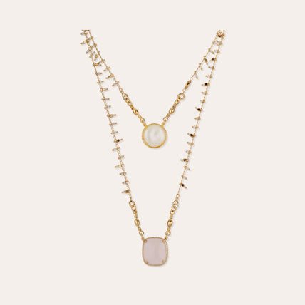 Collier Scapulaire serti doré - Nacre blanche & Quartz rose