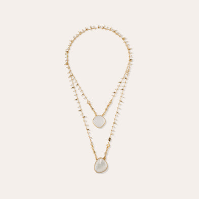 Collier Scapulaire Serti doré - Nacre blanche & Cristal