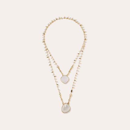 Collier Scapulaire Serti doré - Nacre blanche & Cristal
