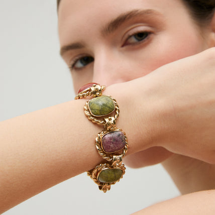 Amarante Large Gold Bracelet - Vessonite, Carnelian & Rhodonite