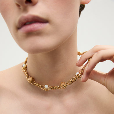 Collier Amarante cabochons multi doré - Nacre blanche & Bois