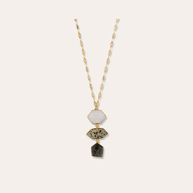 Sautoir Silenza doré - Opale blanche, Jaspe dalmatien & Agate verte