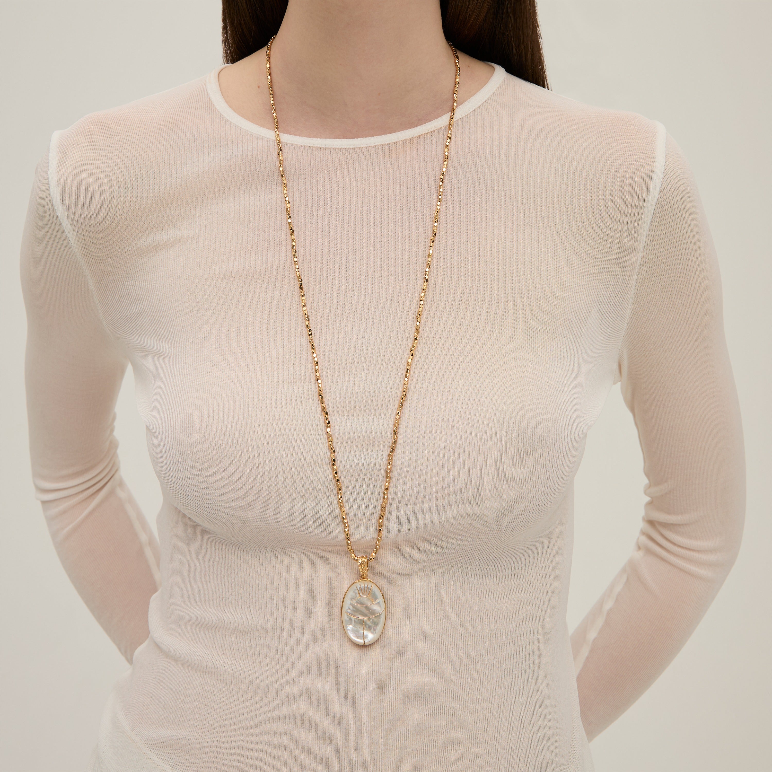 Lucky Scarab Gold Long Necklace - White Mother-of-Pearl – Gas Bijoux