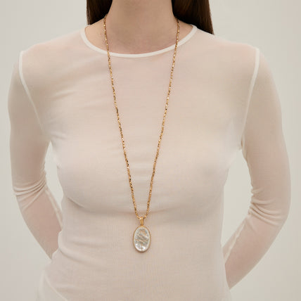 Lucky Scarab Gold Long Necklace - White Mother-of-Pearl