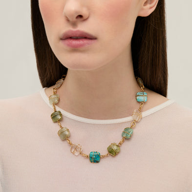 Collier Rainbow Square Multi petit modèle doré - Turquoise, Vesonite, Amazonite & Cristal